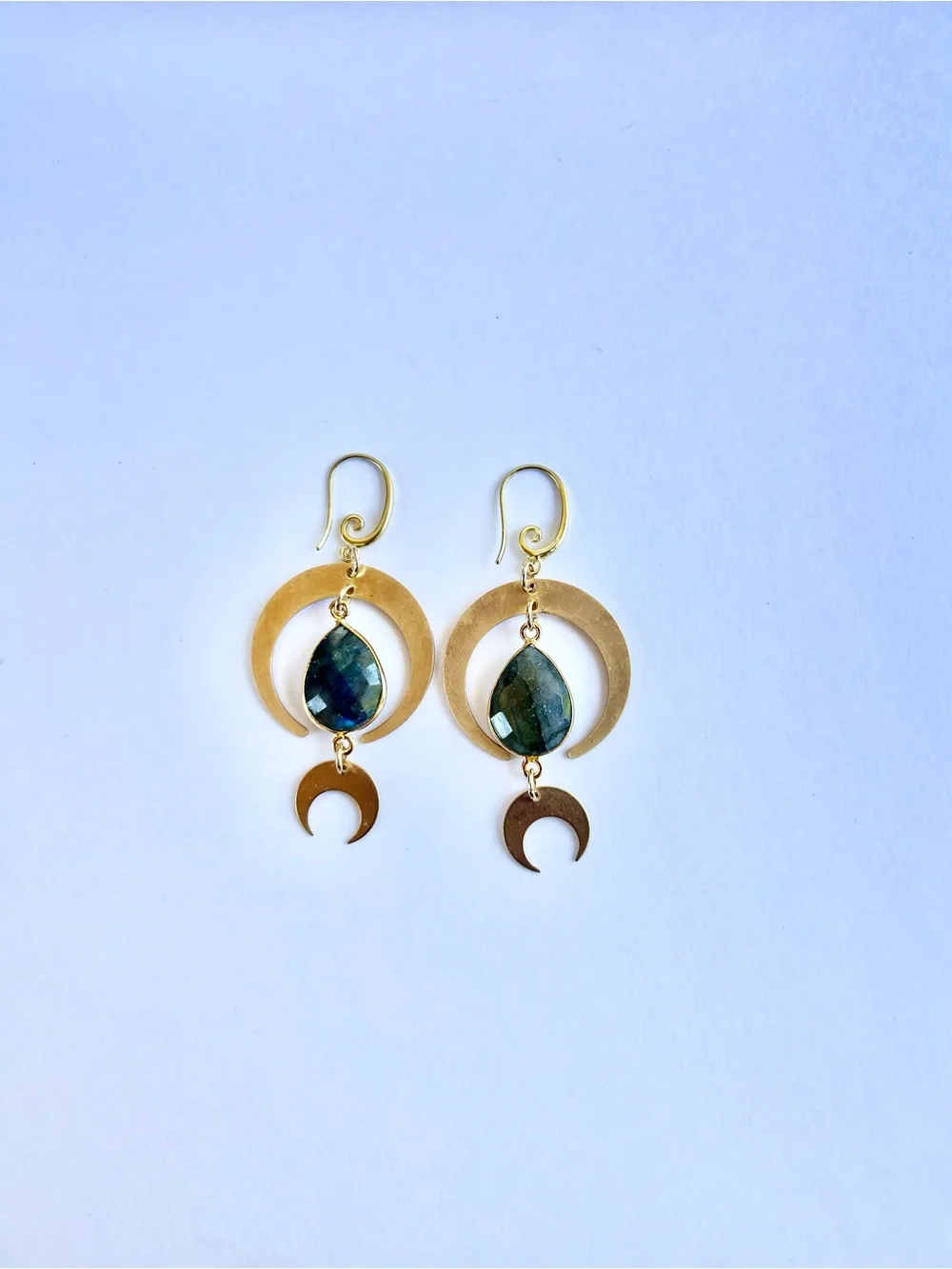 Gold Crescent Moon Earrings with Labradorite Gemstone | Brass Findings